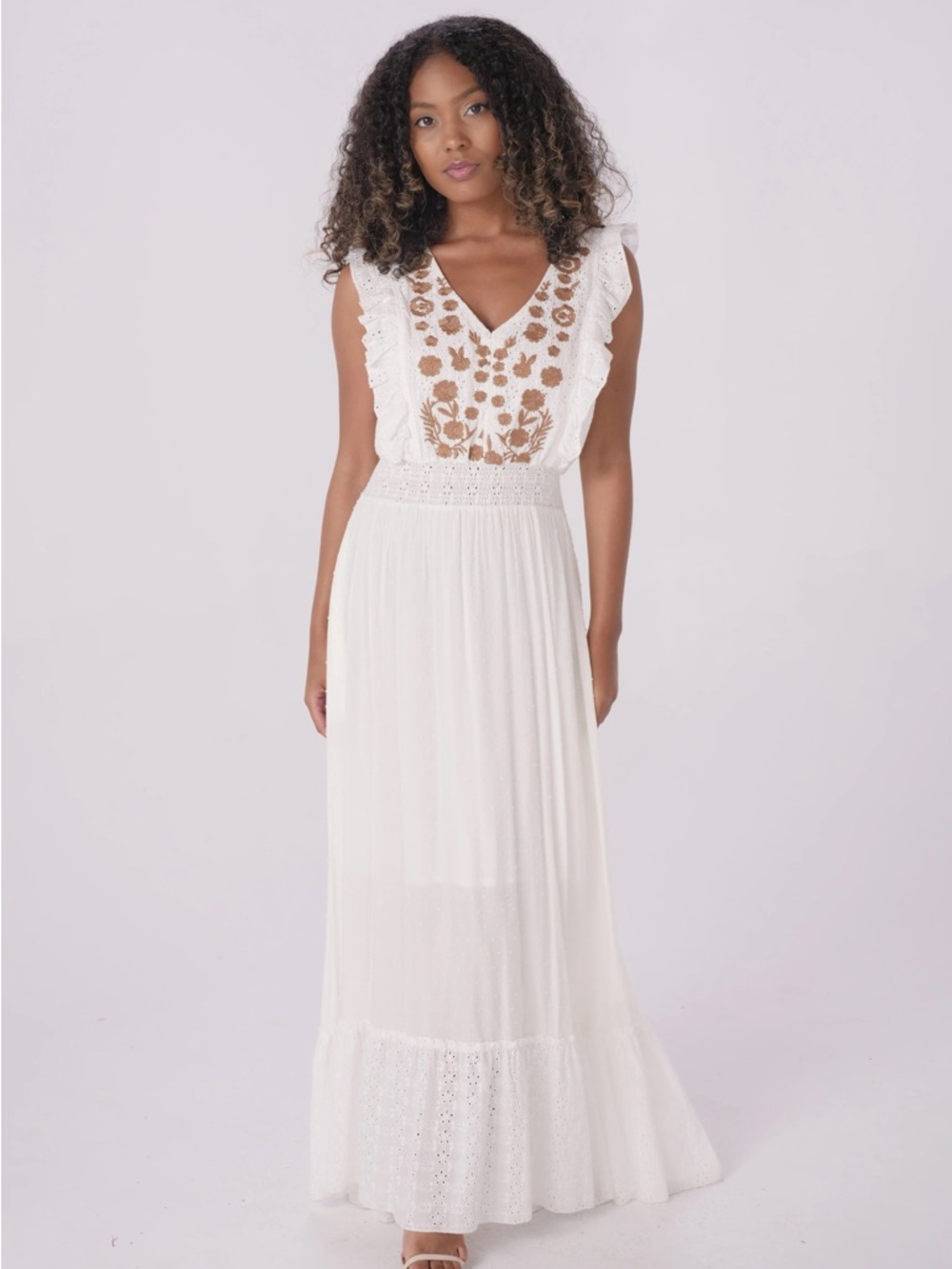 Anthropologie Esperanza Ivory Embroidered V-Neck Maxi Dress with Flutter Detail